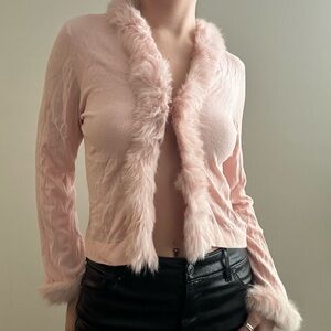 Y2k baby pink fur trim cardigan